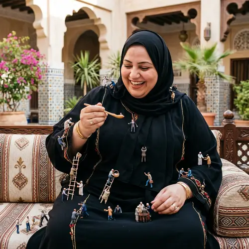 Arabic Woman in Black Abaya with Tiny Men - Playful Scene