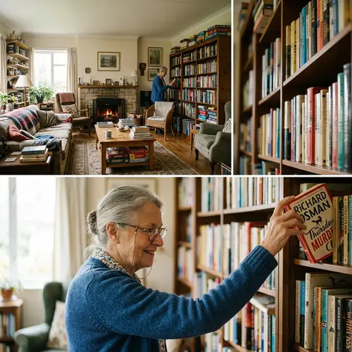 Cozy Living Room with Elder Choosing a Book