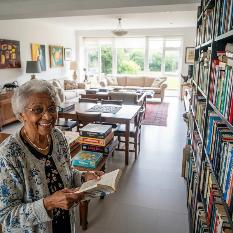 Cozy Living Room with Elder Choosing a Book