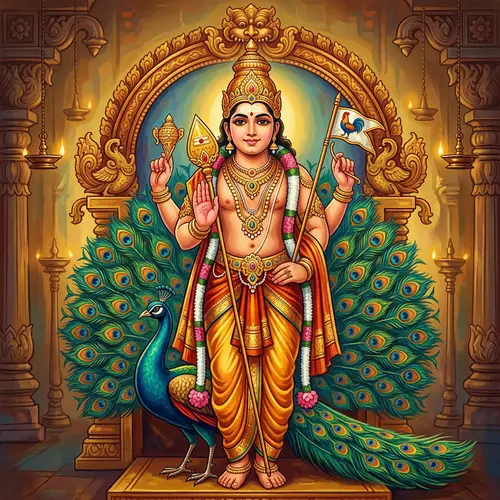 Divine Lord Subramanya - Majestic Deity on Peacock | Traditional Indian Art