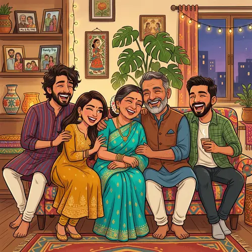 Quirky South Asian Family Cartoon Portrait
