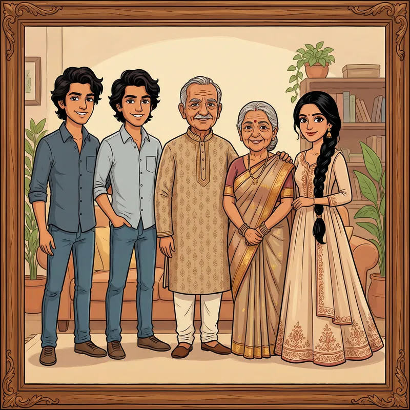 Cartoon Indian Family Portrait of Two Sons and a Daughter