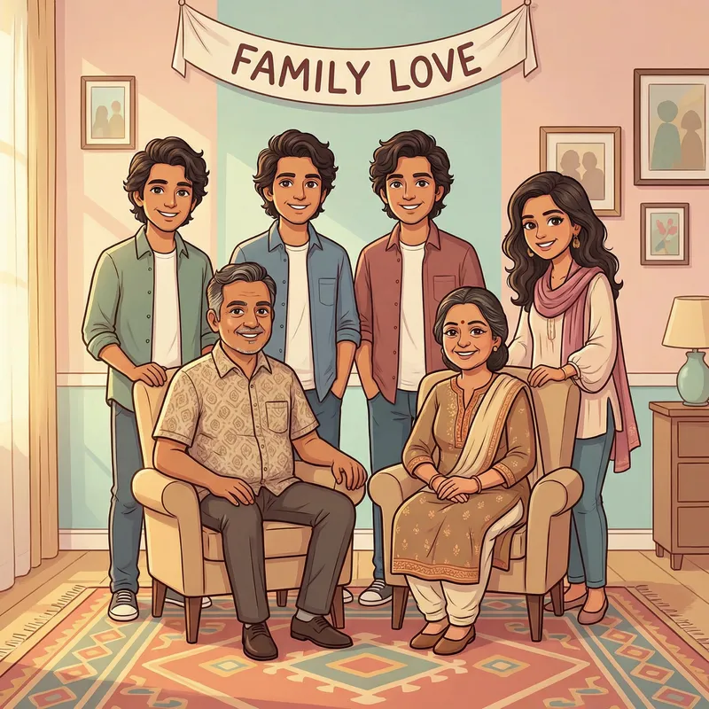 Charming Indian Family Cartoon Portrait Charming Indian Family Cartoon Portrait