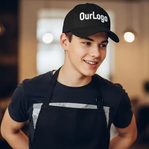 Handsome Boy in Black Cap and Apron