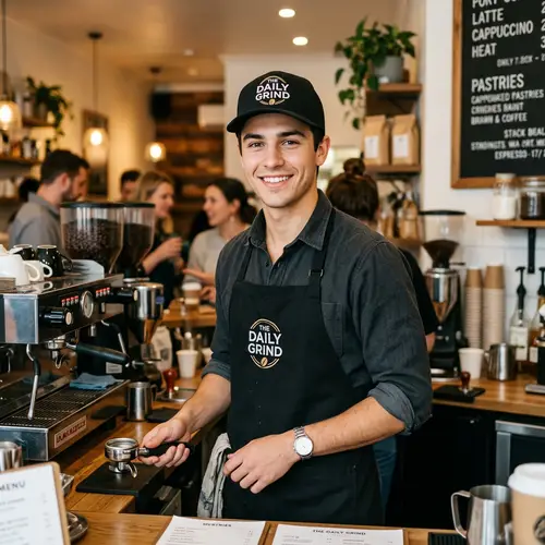 Handsome Boy in Black Cap and Apron