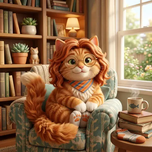 Charming Cartoon Cat with Medium-Length Wavy Red Hair