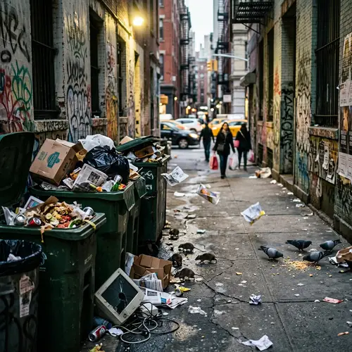 Chaotic Urban Scene with Overflowing Garbage Bins