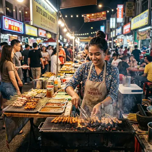 Southeast Asian Woman Street-Side Skewer Stall
