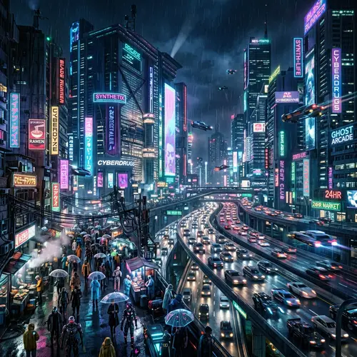 Cyberpunk Futuristic Cityscape: High-Tech Society at Night