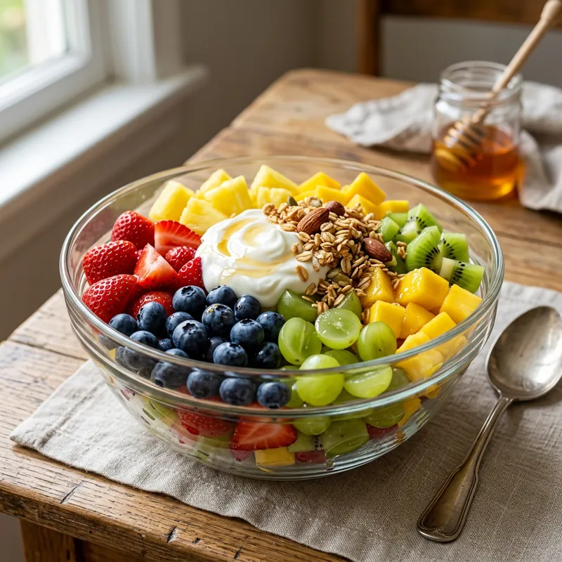 Fresh Fruit Salad Recipe with Strawberries, Blueberries, Grapes, Pineapple, Mango, and Kiwi
