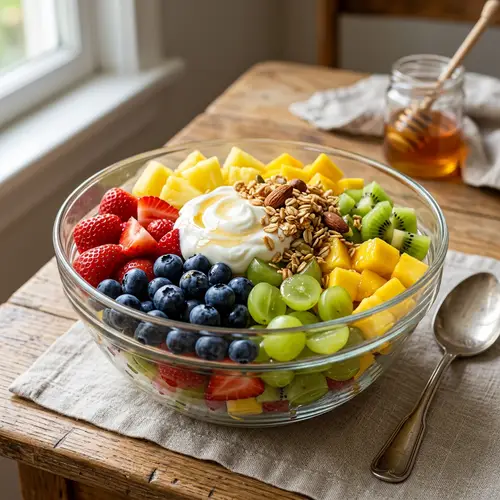 Delicious Fruit Salad with Strawberries, Blueberries, Grapes, Pineapple, Mango, and Kiwi