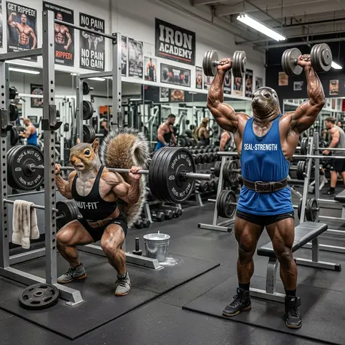 Squirrel & Seal Bodybuilders: Gym Fitness Fun