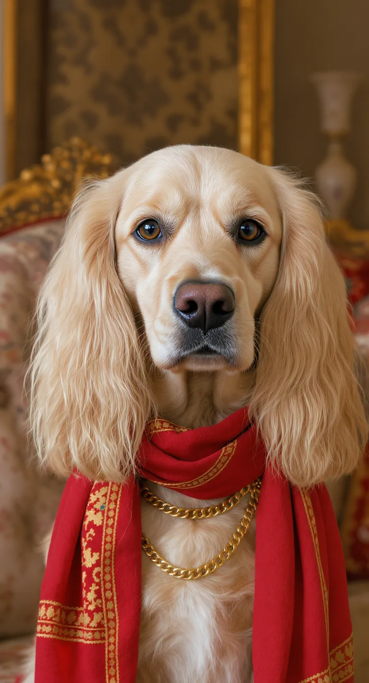 Elegant Dog with Blonde Curls and Red Scarf