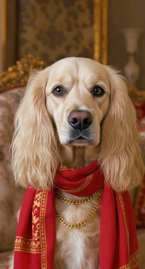 Elegant Dog with Blonde Curls and Red Scarf