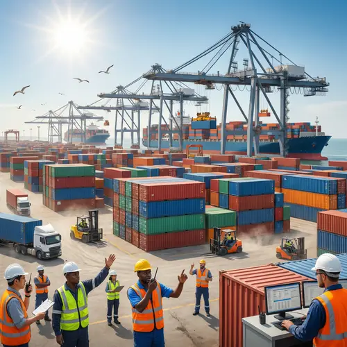 Bustling Port Scene: Industrial Ballet of Water, Steel, and Human Endeavor