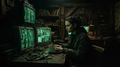 Mysterious Young Hacker in a Vintage 1900s Room