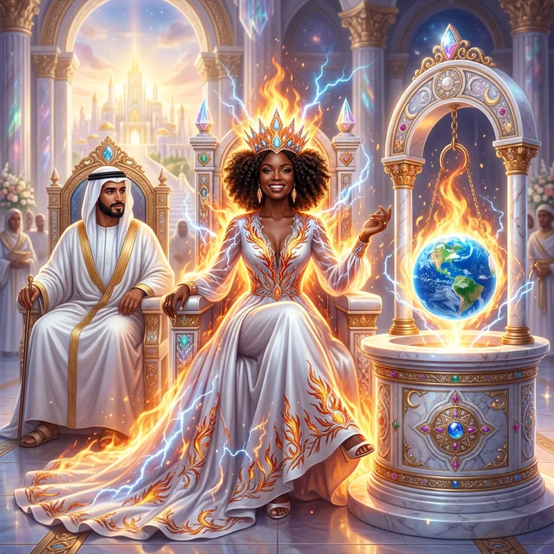 Radiant Black Woman in Flowy White Dress | Fire Aura and Divine City Imagery