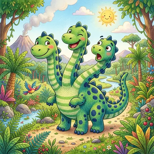 Charming Triple-Headed Dinosaur in Lush Prehistoric Landscape
