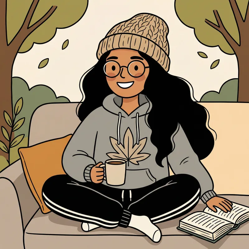 Playful Stoner Lady with Glasses and Beanie - Smiling Cartoon Character