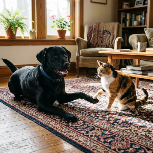 Playful Dog and Cat Interactions in a Sunlit Living Room