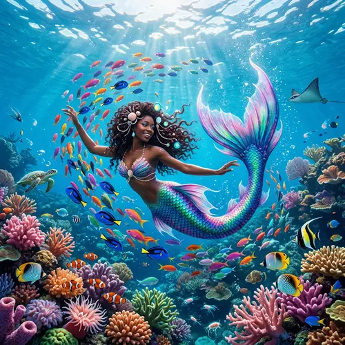 Enchanting Mermaid Among Colorful Marine Life