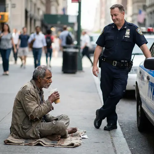 Poverty-Stricken Individual Sipping Beverage Observing Officer