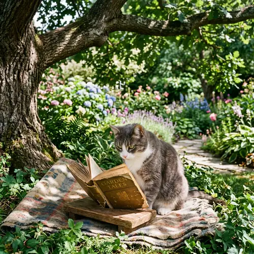 Serene Garden Scene: Grey and White Cat Reading Under Oak Tree
