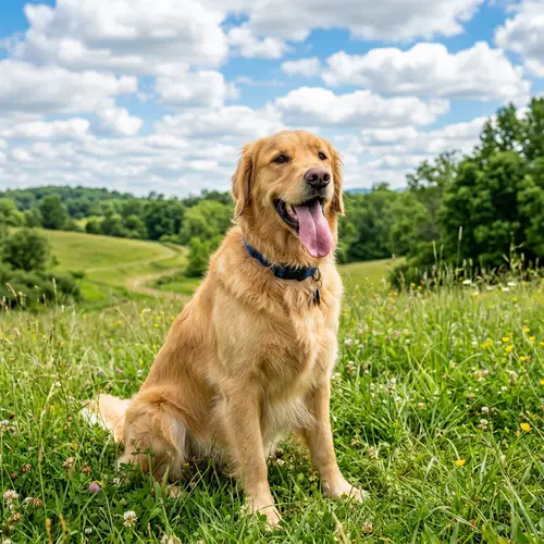 Full-Grown Dog Sitting Comfortably in a Grassy Field