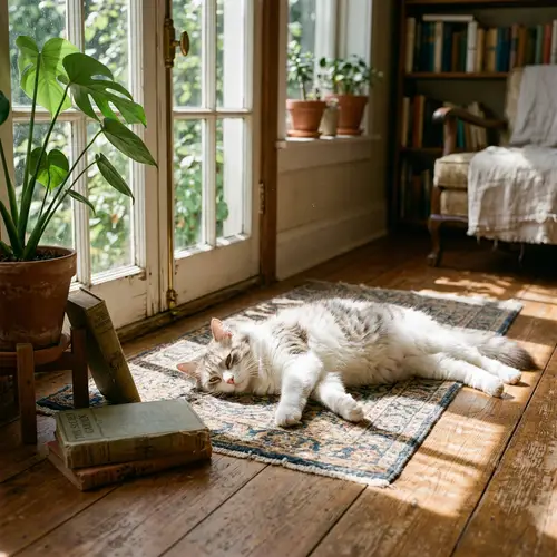 Serenity of a White Cat Stretching in Sunbeams