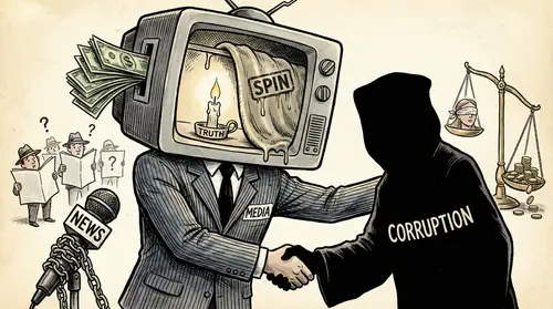 Satirical Editorial Cartoon on Media and Corruption