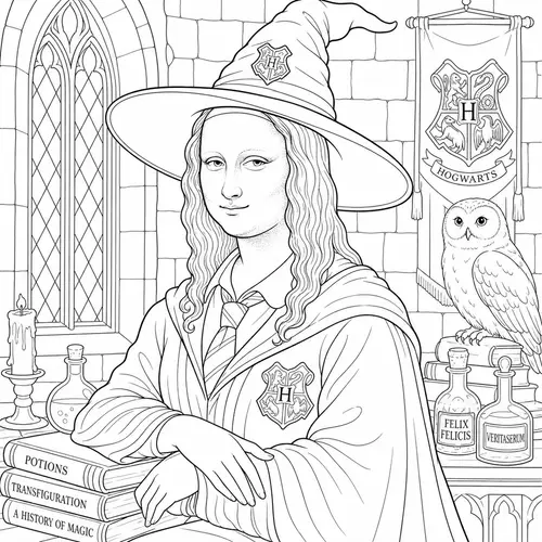 Monalisa as a Witch: Harry Potter Coloring Sketch