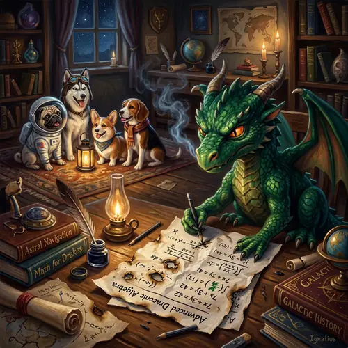 Whimsical Dragon and Space-Dogs Fantasy Scene