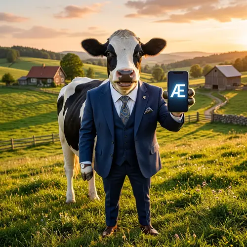 Happy Cow in Stylish Suit with Smartphone Æ