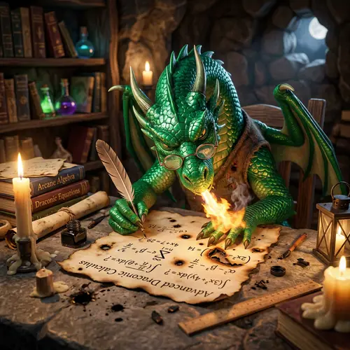 Emerald-Green Visually Impaired Dragon Struggling with Math Homework