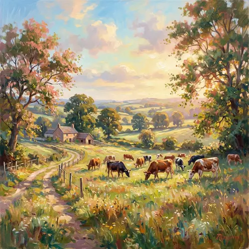 Countryside Cows Grazing Scene | Impressionism Style