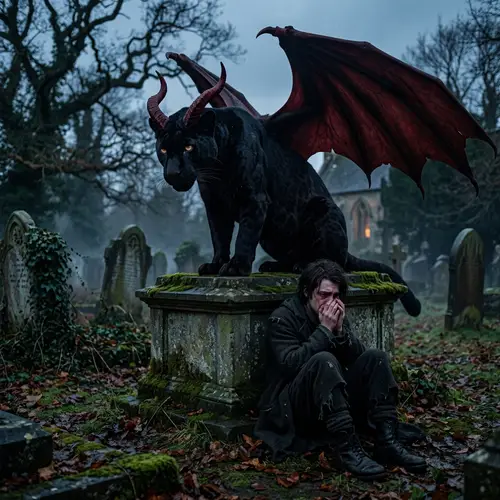 Intimidating Black Cat with Red Horns and Dragon Wings