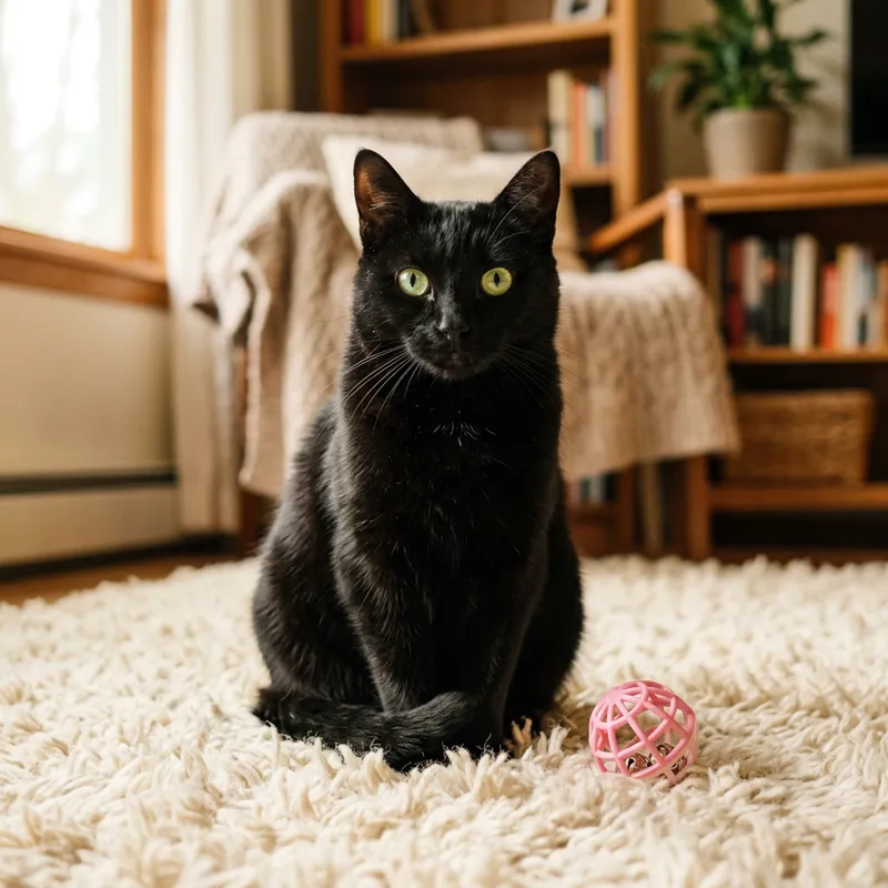 Domestic Black Cat on Fuzzy Carpet