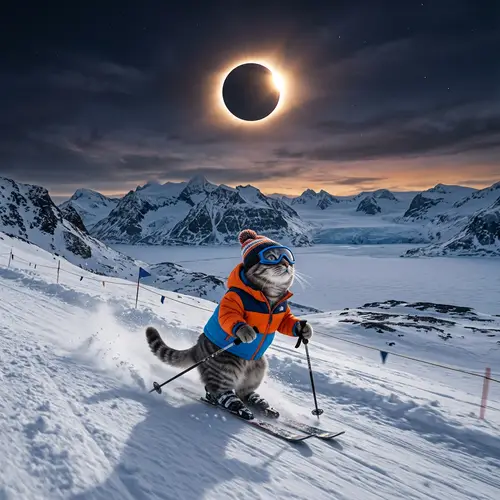 Skiing Cat Observes Solar Eclipse at North Pole