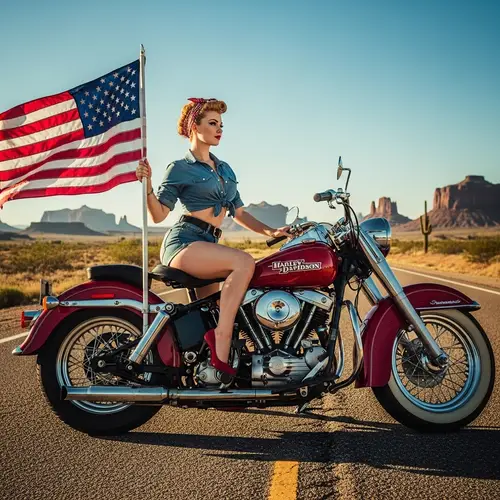 Pinup Girl on Harley Davidson with American Flag