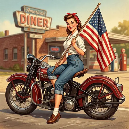 Pinup Girl on Harley Davidson with American Flag