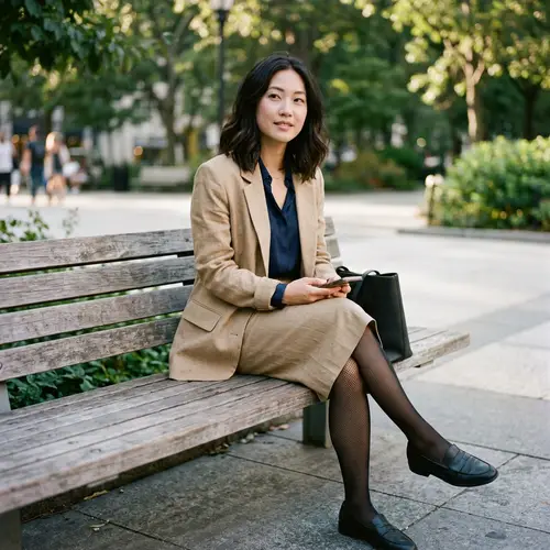 Sexy Asian Woman in Tan Skirt Suit and Black Tights