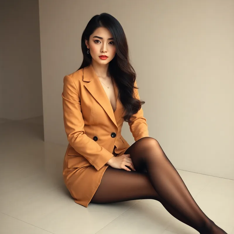 Sexy Asian Woman in Tan Skirt Suit and Black Tights