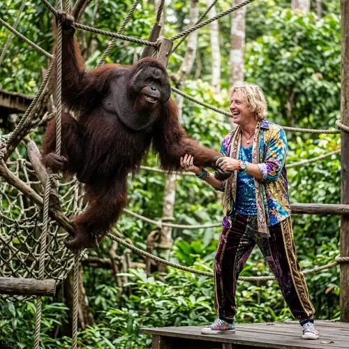 Male Orangutan Playful Interaction with Flamboyant Man