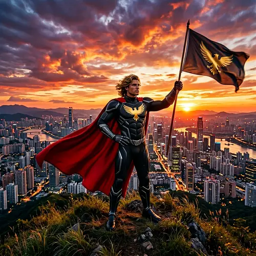 Golden-Haired Hero Overlooking Sunset Cityscape