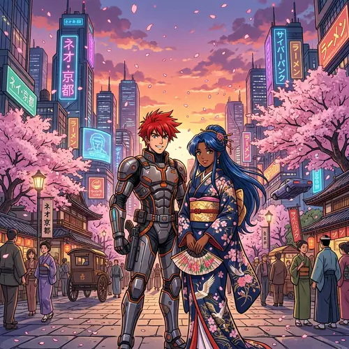 Spiky Red-haired Male and Blue-haired Female in Futuristic Cityscape