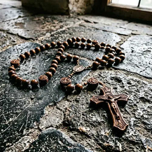 Polished Dark Wood Catholic Rosary on Weathered Stone Floor