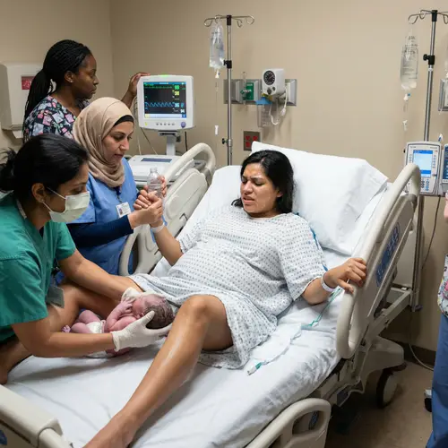 Empowering Birth: Brave Hispanic Teenage Girl and Supportive Medical Team