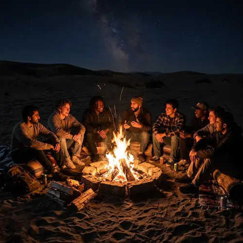 Diverse Group around Bonfire in Dark Desert