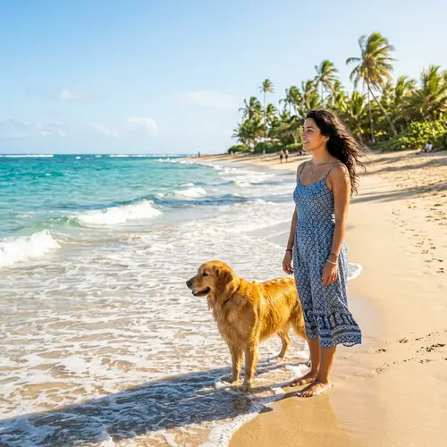 Serene Sandy Beach Scene with Hispanic Woman and Golden Retriever