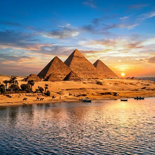 Ancient Pyramids at Sunset: Majestic Beauty Against the Horizon